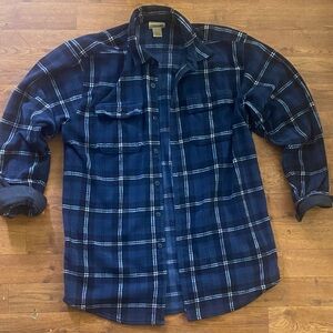 LL BEAN Men's M-Tall Blue/Black Plaid Button-Up Heavyweight Fleece Shirt Shacket